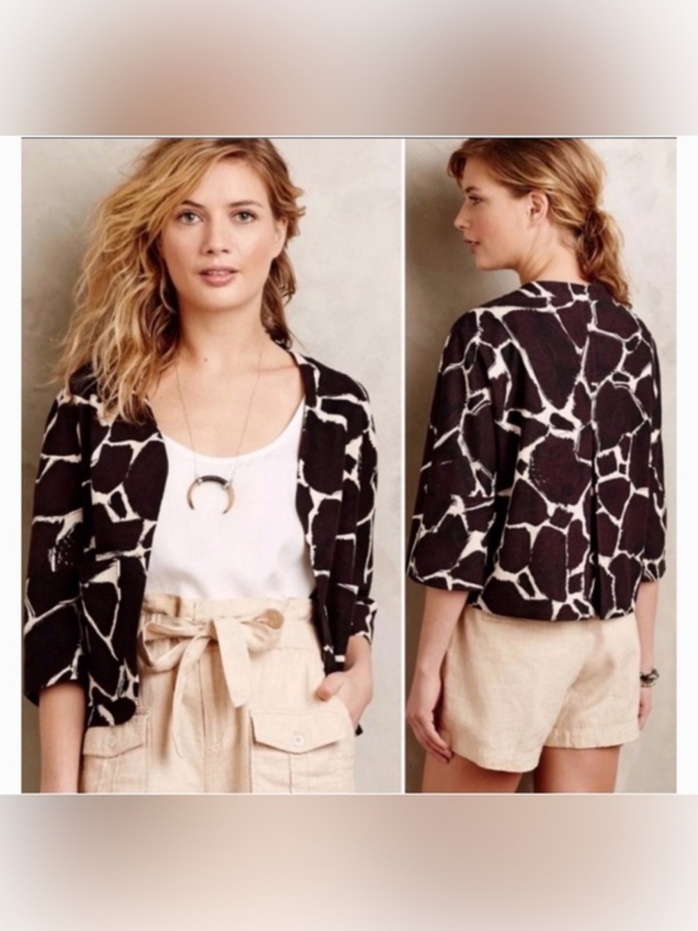 Leifsdottir x Anthropologie Giraffe Print Blazer Jacket Size Small‎ Linen Blend